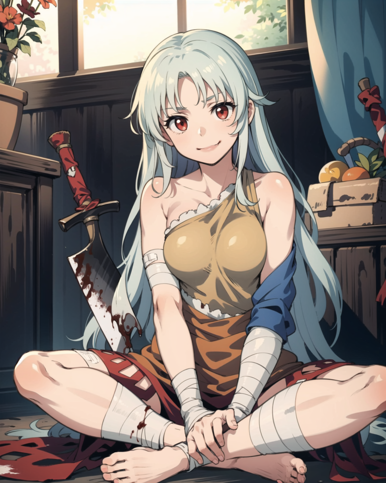 00709-4043492435-masterpiece, best quality, _lora_SakataNemuno_1_, sakata nemuno, 1girl, long hair, solo, bandages, weapon, red eyes, barefoot, b.png